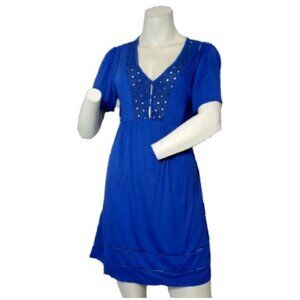 Women Dark Blue Short Sleeve Dress with Eyelets